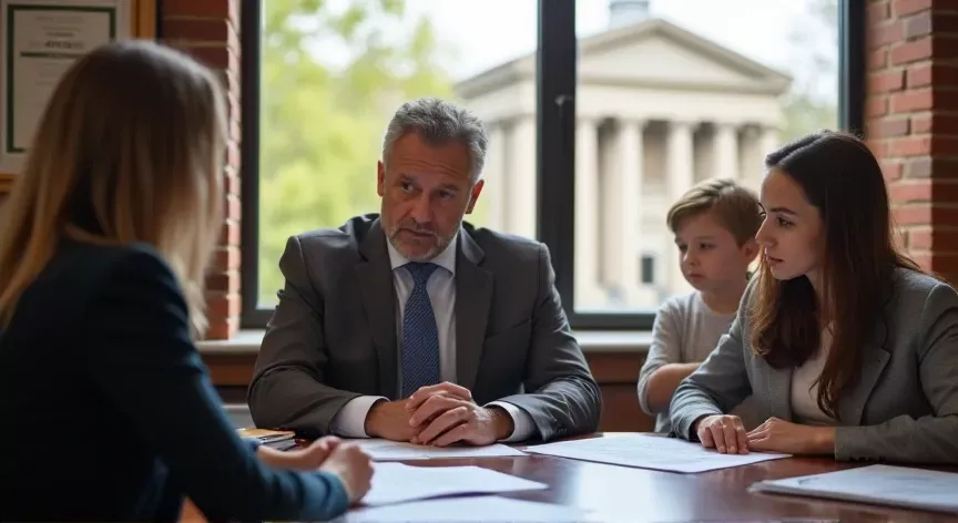  Two Concerned adults  with children working to ensure their codicils are recorded correctly in their estate plan. they are sitting with an attorney in a law office with the courthouse visible from the window.