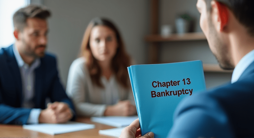A frustrated couple sitting with at attorney, there is a person holding a blue manila folder up with the words 'chapter 13 bankruptcy' printed in dark red print with a fancy law logo.