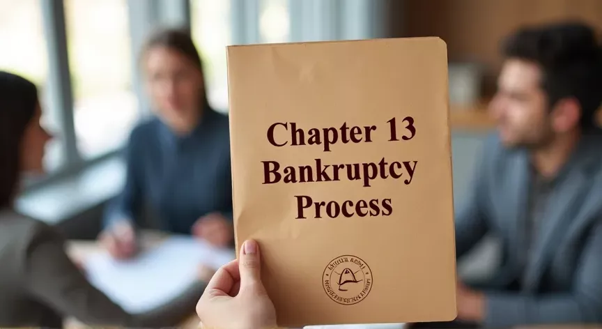 A married couple sitting with at attorney, there is a person holding a manila folder up with the words 'chapter 13 bankruptcy process' printed in dark red print with a fancy logo.