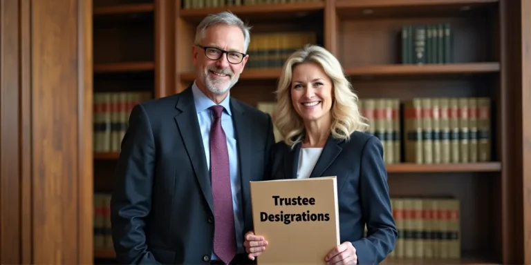 A middle aged married couple at a law office holding a binder that says 'trustee designations'.