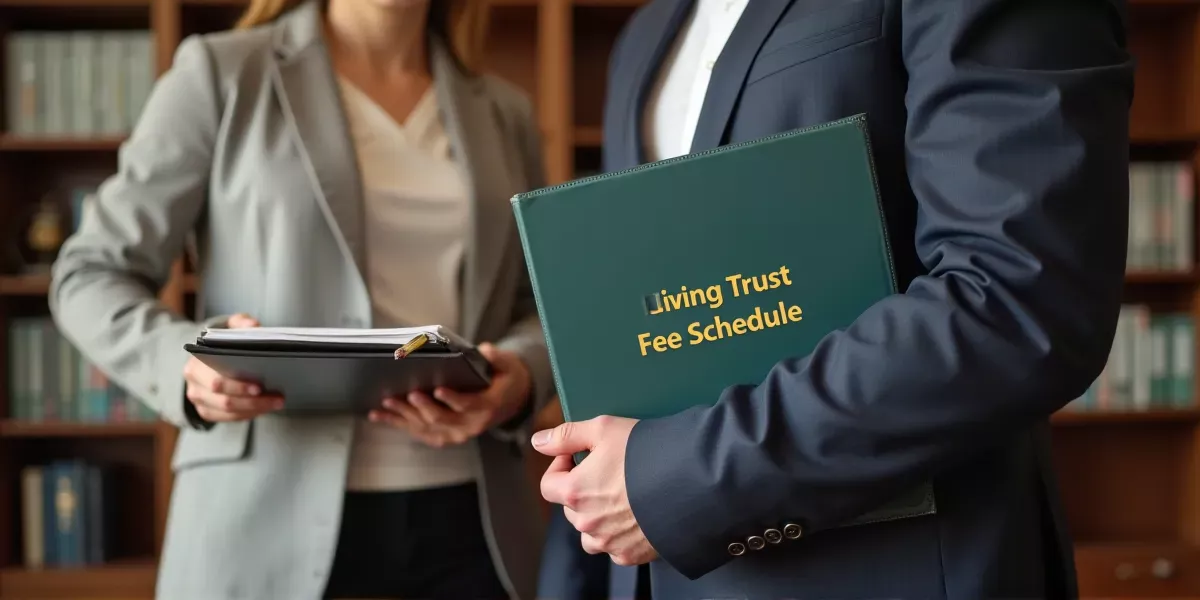 a ymiddle aged married people at a law office holding a binder that says 'living trust fee schedule'