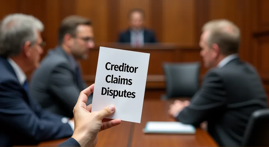 Adults are upset sitting in a court room with the judge sitting at the front, the attorney is holding up a pamphlet that reads 'creditor claims disputes' in print.