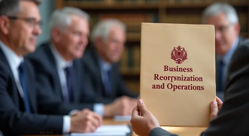 Middle aged men sitting with an attorney, there is a person holding a manila folder up with the words business reorganization and operations' printed in dark red print with a fancy logo.