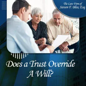 An attorney discussing legal documents with an elderly couple, most likely a living trust.
