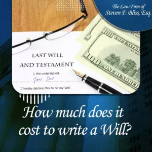 Money stacked on top of legal papers labeled Last Will and Testament.